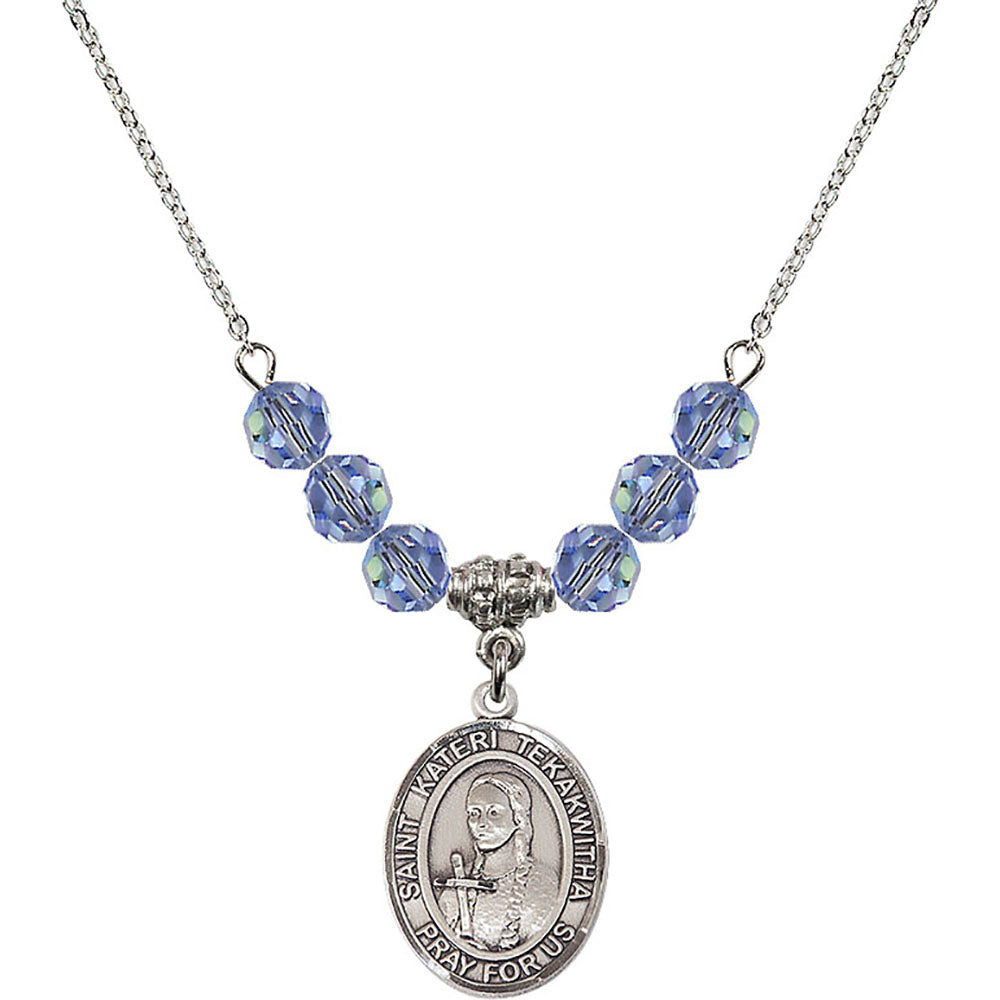 Sterling Silver Saint Kateri Tekakwitha Birthstone Necklace with Light Sapphire Beads - 8438