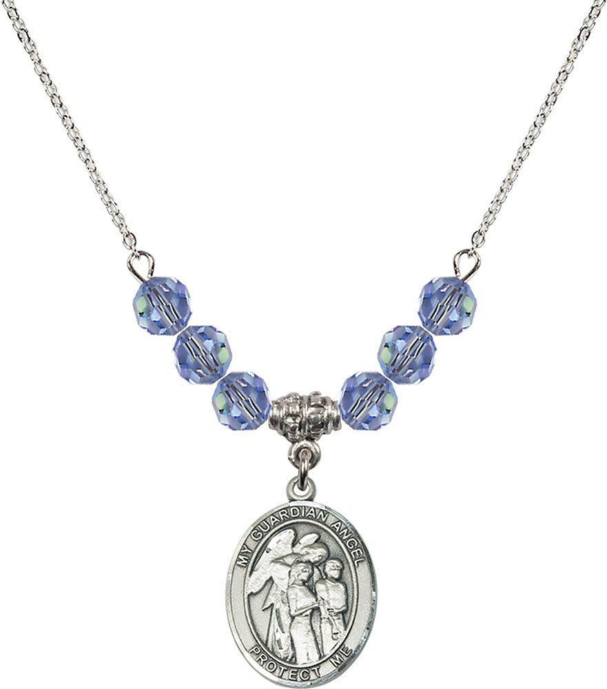 Sterling Silver Guardian Angel w/Children Birthstone Necklace with Light Sapphire Beads - 8439