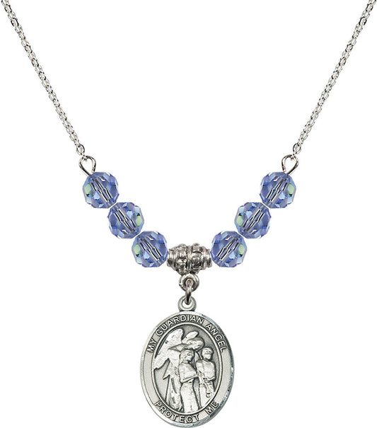 Sterling Silver Guardian Angel w/Children Birthstone Necklace with Light Sapphire Beads - 8439