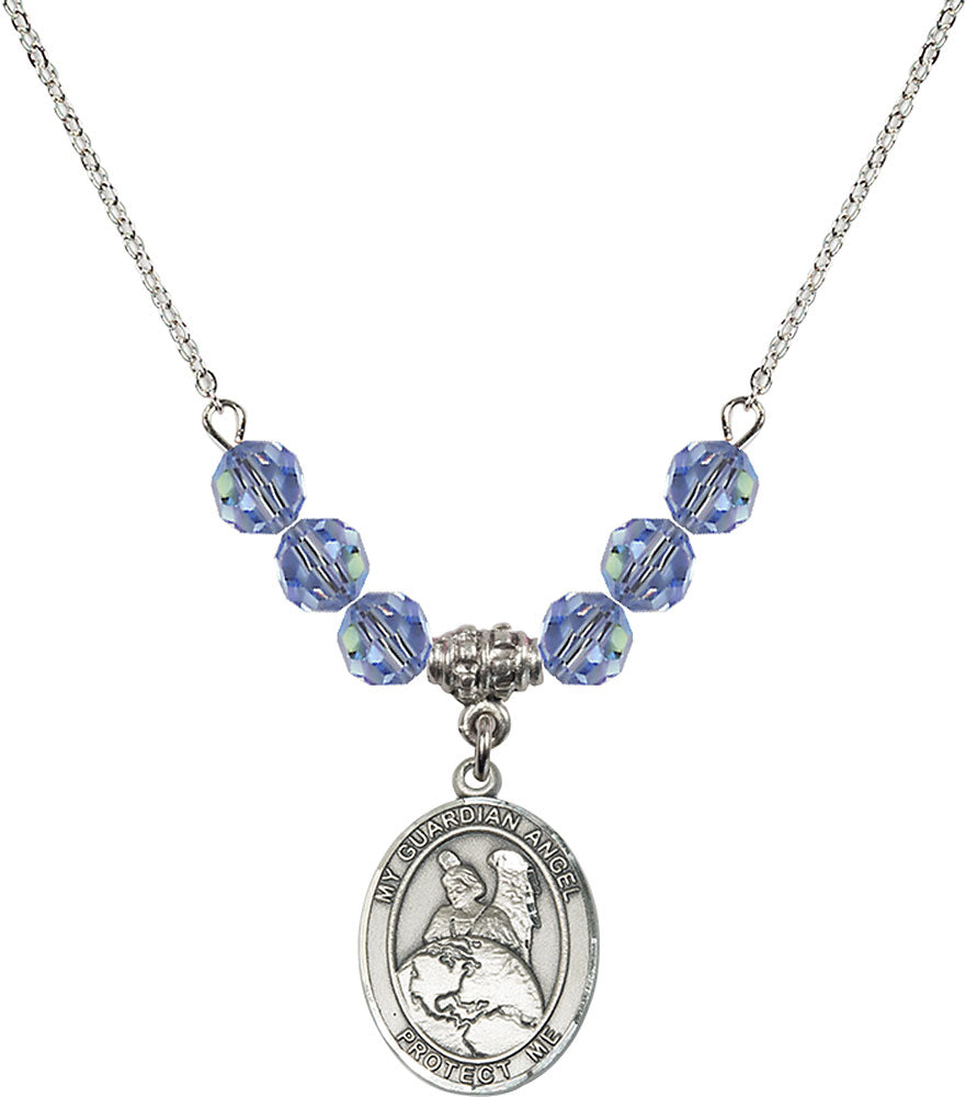 Sterling Silver Guardian Angel Protector Birthstone Necklace with Light Sapphire Beads - 8440