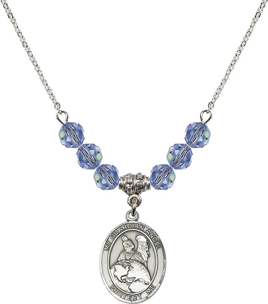 Sterling Silver Guardian Angel Protector Birthstone Necklace with Light Sapphire Beads - 8440