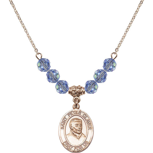 14kt Gold Filled Saint Peter Claver Birthstone Necklace with Light Sapphire Beads - 8442