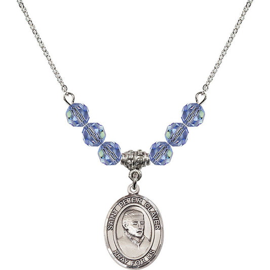 Sterling Silver Saint Peter Claver Birthstone Necklace with Light Sapphire Beads - 8442