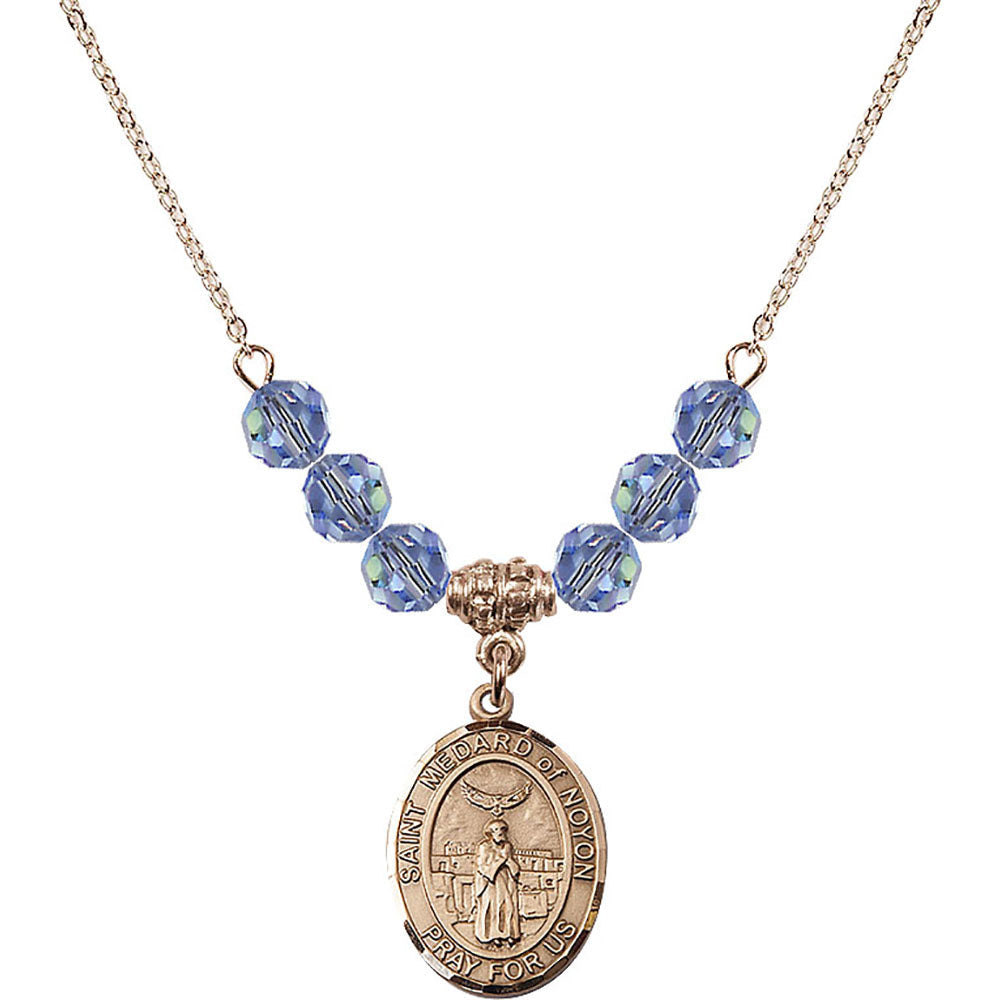 14kt Gold Filled Saint Medard of Noyon Birthstone Necklace with Light Sapphire Beads - 8444