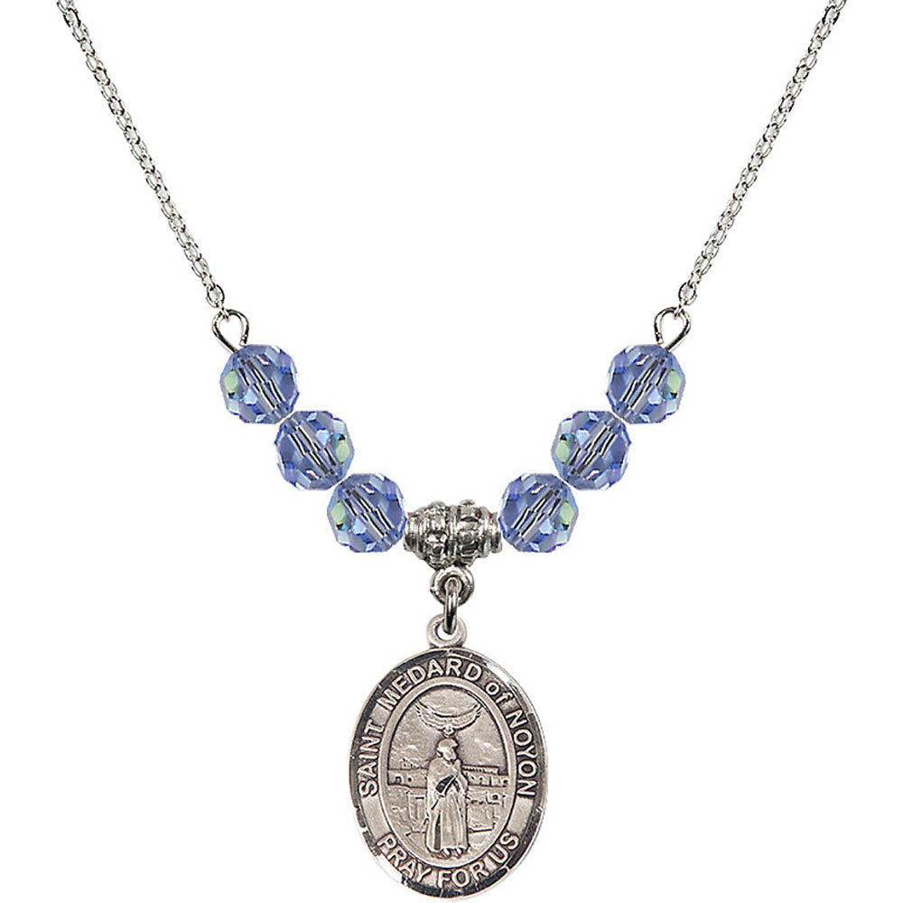 Sterling Silver Saint Medard of Noyon Birthstone Necklace with Light Sapphire Beads - 8444