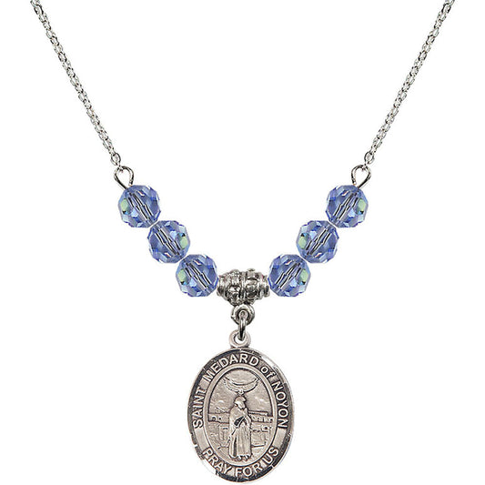 Sterling Silver Saint Medard of Noyon Birthstone Necklace with Light Sapphire Beads - 8444