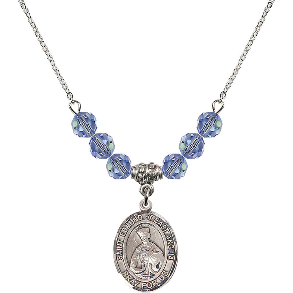 Sterling Silver Saint Edmund of East Anglia Birthstone Necklace with Light Sapphire Beads - 8445