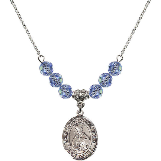 Sterling Silver Saint Edmund of East Anglia Birthstone Necklace with Light Sapphire Beads - 8445