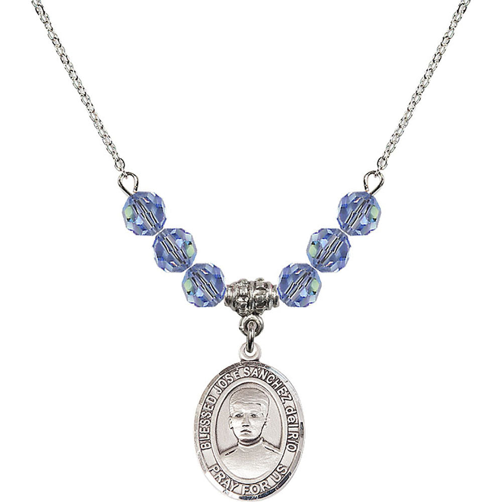 Sterling Silver Blessed Jose Sanchez del Rio Birthstone Necklace with Light Sapphire Beads - 8446