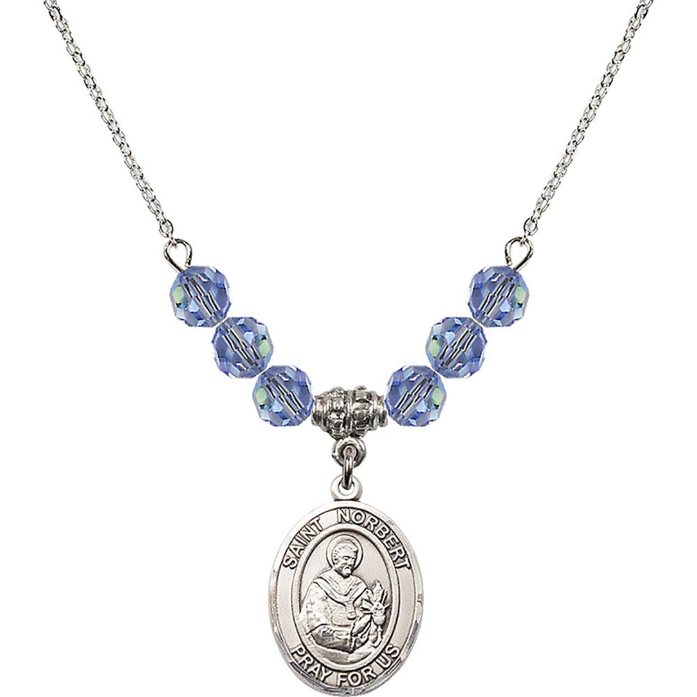 Sterling Silver Saint Norbert of Xanten Birthstone Necklace with Light Sapphire Beads - 8447