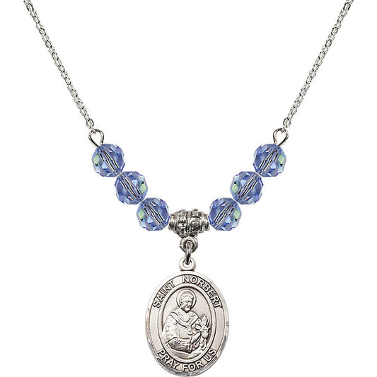 Sterling Silver Saint Norbert of Xanten Birthstone Necklace with Light Sapphire Beads - 8447