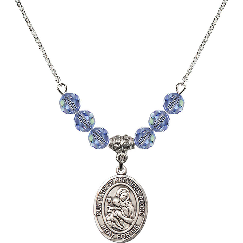 Sterling Silver Our Lady of the Precious Blood Birthstone Necklace with Light Sapphire Beads - 8448