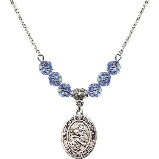 Sterling Silver Our Lady of the Precious Blood Birthstone Necklace with Light Sapphire Beads - 8448