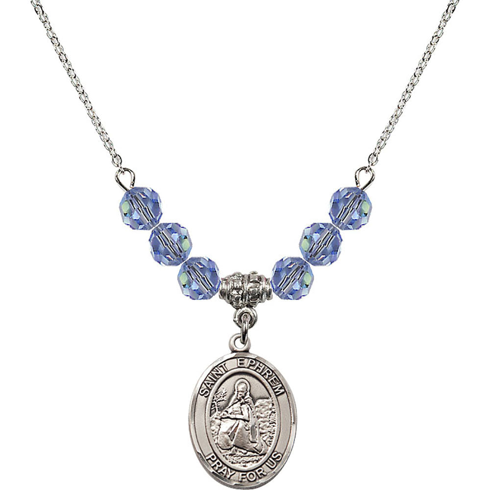 Sterling Silver Saint Ephrem Birthstone Necklace with Light Sapphire Beads - 8449