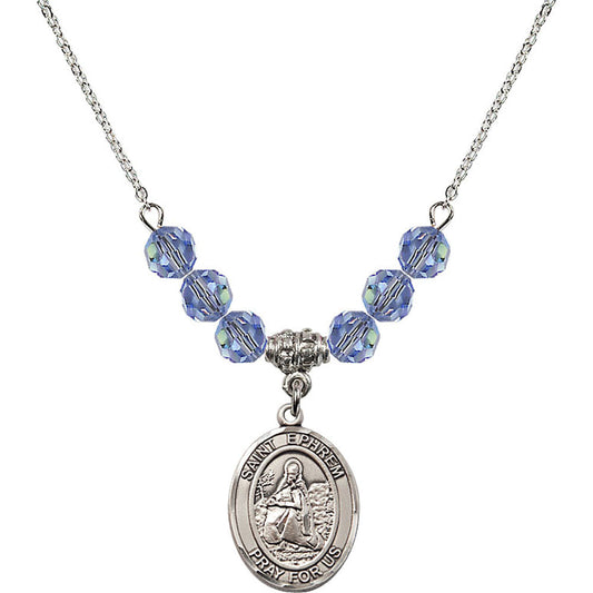 Sterling Silver Saint Ephrem Birthstone Necklace with Light Sapphire Beads - 8449