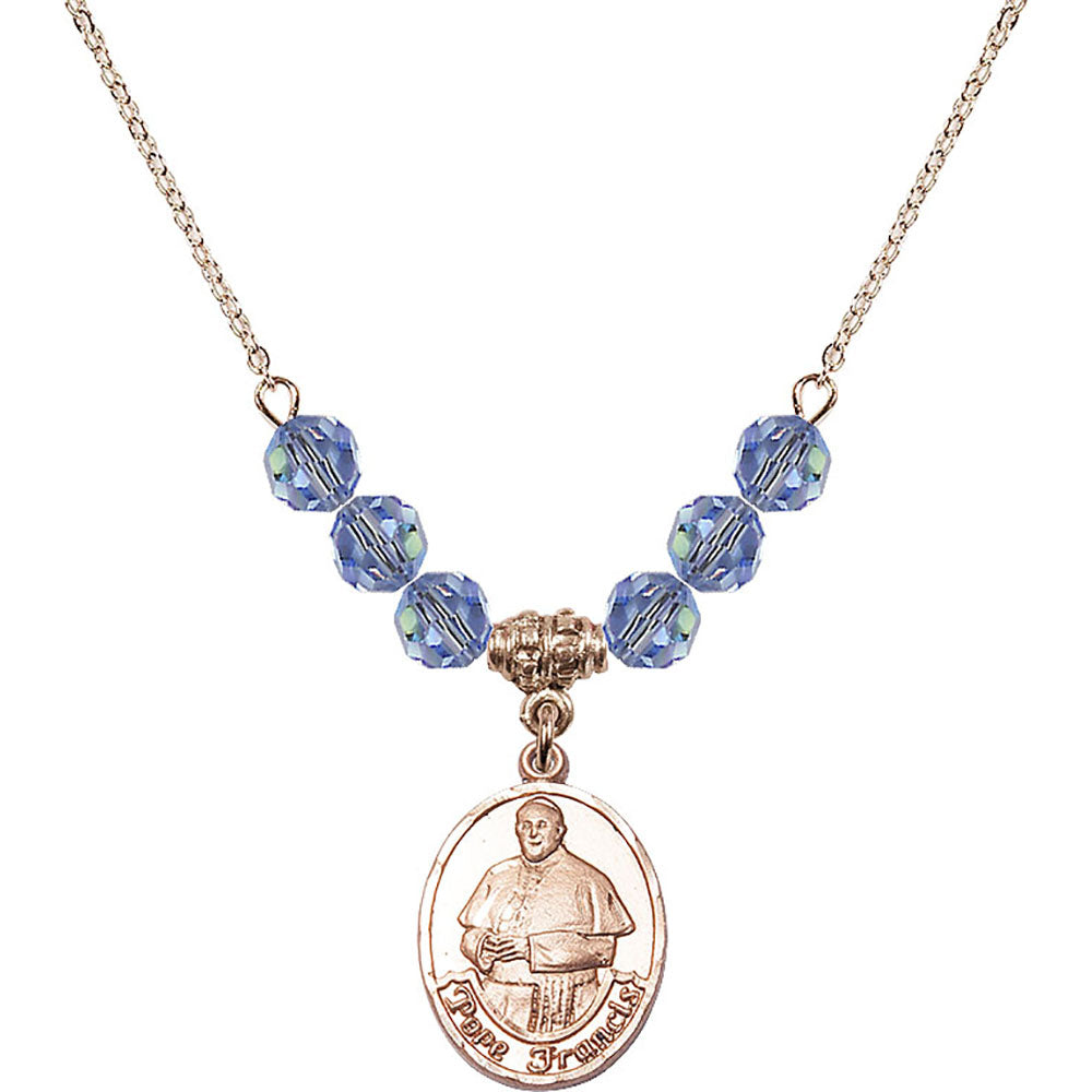 14kt Gold Filled Pope Francis Birthstone Necklace with Light Sapphire Beads - 8451