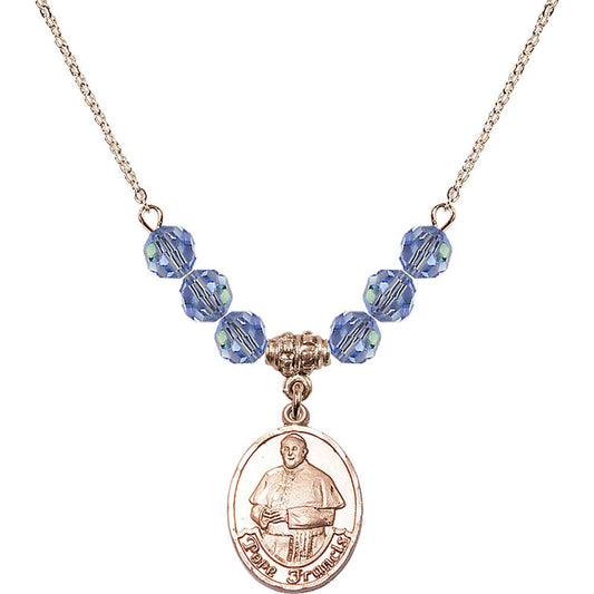 14kt Gold Filled Pope Francis Birthstone Necklace with Light Sapphire Beads - 8451