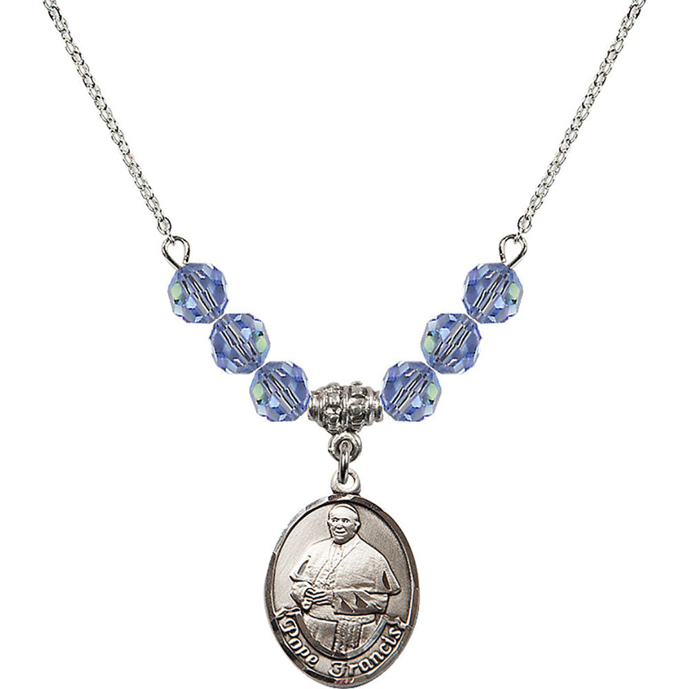 Sterling Silver Pope Francis Birthstone Necklace with Light Sapphire Beads - 8451