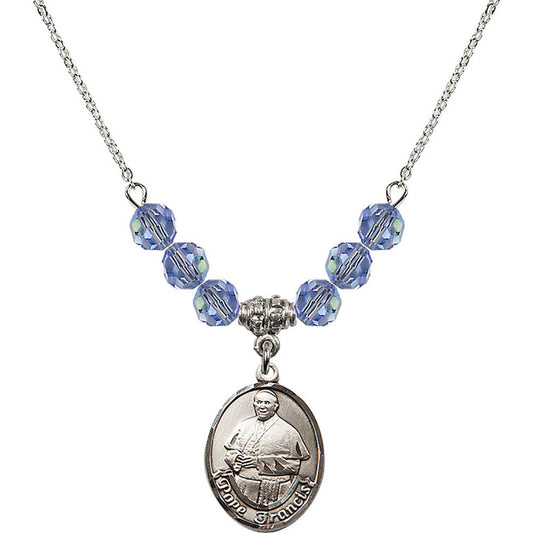 Sterling Silver Pope Francis Birthstone Necklace with Light Sapphire Beads - 8451