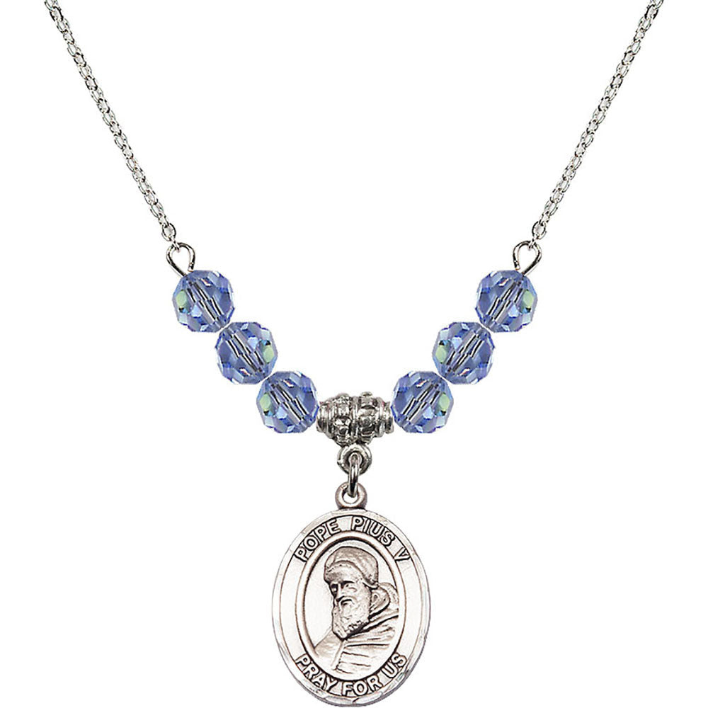 Sterling Silver Saint Pius V Birthstone Necklace with Light Sapphire Beads - 8452