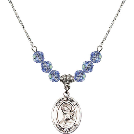 Sterling Silver Saint Pius V Birthstone Necklace with Light Sapphire Beads - 8452