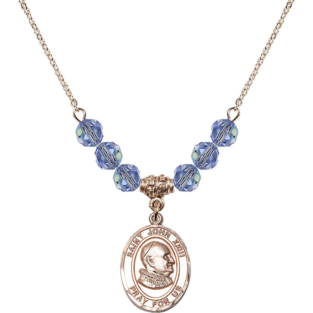 14kt Gold Filled Saint John XXIII Birthstone Necklace with Light Sapphire Beads - 8455