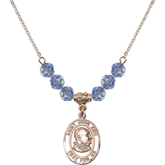 14kt Gold Filled Saint John XXIII Birthstone Necklace with Light Sapphire Beads - 8455