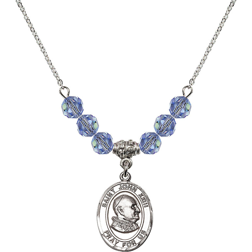 Sterling Silver Saint John XXIII Birthstone Necklace with Light Sapphire Beads - 8455