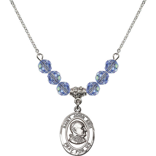 Sterling Silver Saint John XXIII Birthstone Necklace with Light Sapphire Beads - 8455