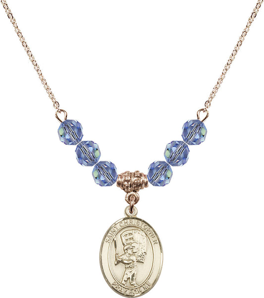14kt Gold Filled Saint Christopher/Baseball Birthstone Necklace with Light Sapphire Beads - 8500