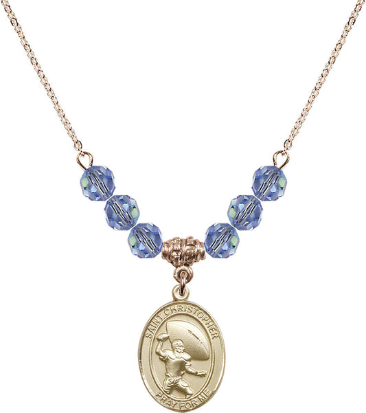 14kt Gold Filled Saint Christopher / Football Birthstone Necklace with Light Sapphire Beads - 8501