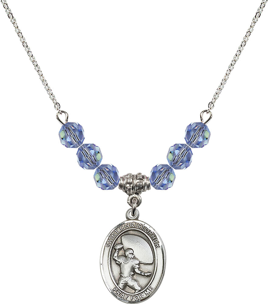 Sterling Silver Saint Christopher / Football Birthstone Necklace with Light Sapphire Beads - 8501