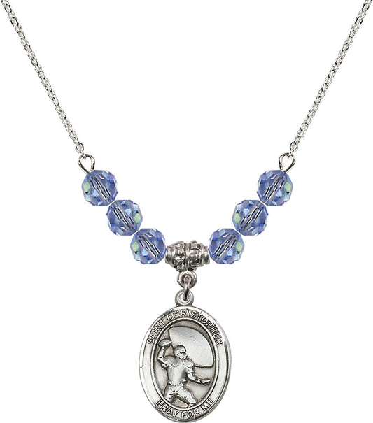 Sterling Silver Saint Christopher / Football Birthstone Necklace with Light Sapphire Beads - 8501