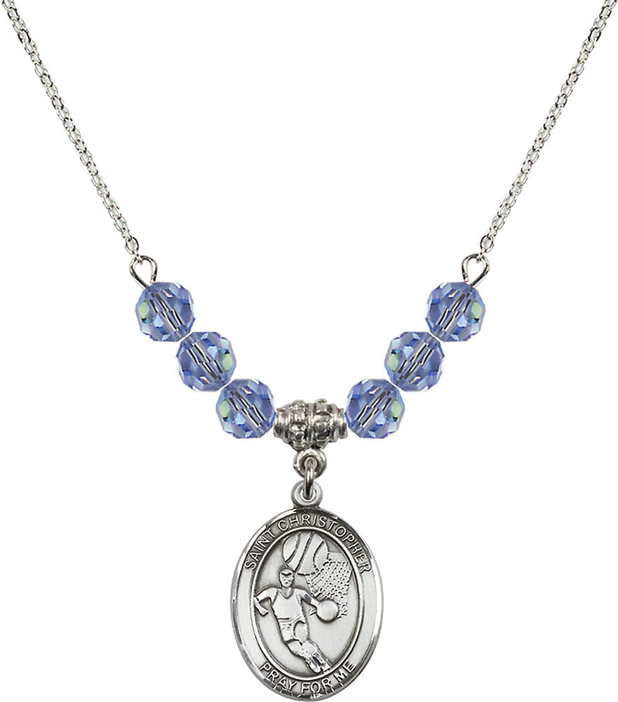 Sterling Silver Saint Christopher/Basketball Birthstone Necklace with Light Sapphire Beads - 8502
