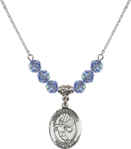 Sterling Silver Saint Christopher/Basketball Birthstone Necklace with Light Sapphire Beads - 8502