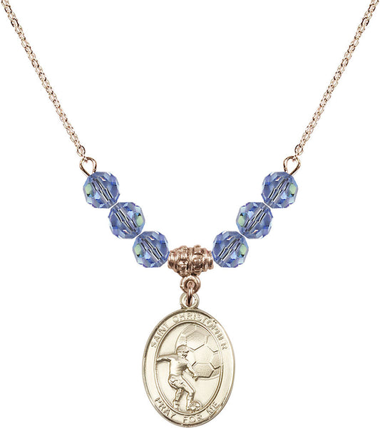14kt Gold Filled Saint Christopher/Soccer Birthstone Necklace with Light Sapphire Beads - 8503