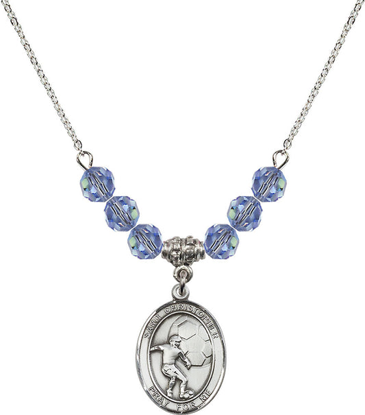 Sterling Silver Saint Christopher/Soccer Birthstone Necklace with Light Sapphire Beads - 8503