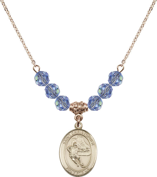 14kt Gold Filled Saint Christopher/Hockey Birthstone Necklace with Light Sapphire Beads - 8504