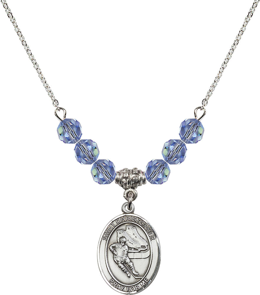 Sterling Silver Saint Christopher/Hockey Birthstone Necklace with Light Sapphire Beads - 8504