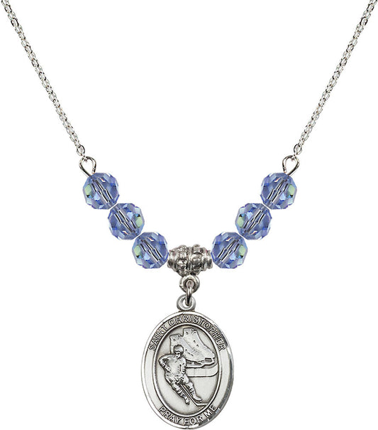 Sterling Silver Saint Christopher/Hockey Birthstone Necklace with Light Sapphire Beads - 8504