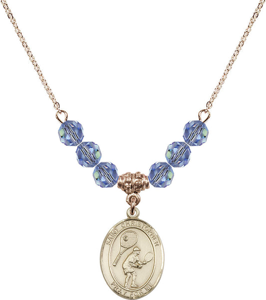 14kt Gold Filled Saint Christopher/Tennis Birthstone Necklace with Light Sapphire Beads - 8505