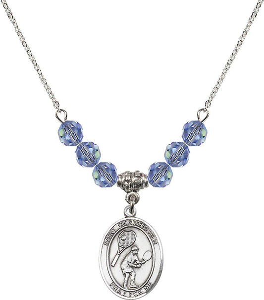 Sterling Silver Saint Christopher/Tennis Birthstone Necklace with Light Sapphire Beads - 8505