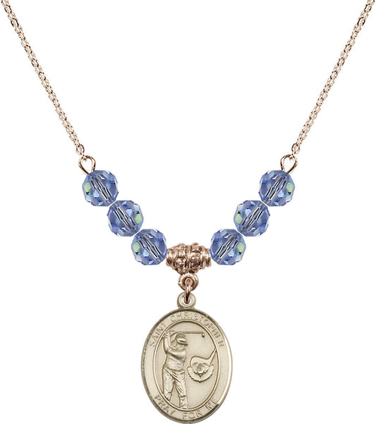 14kt Gold Filled Saint Christopher/Golf Birthstone Necklace with Light Sapphire Beads - 8506