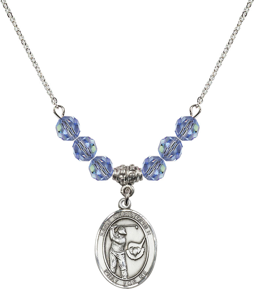 Sterling Silver Saint Christopher/Golf Birthstone Necklace with Light Sapphire Beads - 8506