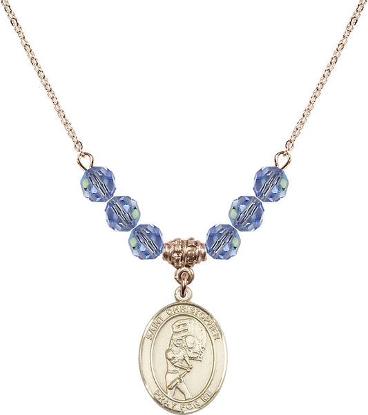 14kt Gold Filled Saint Christopher/Softball Birthstone Necklace with Light Sapphire Beads - 8507