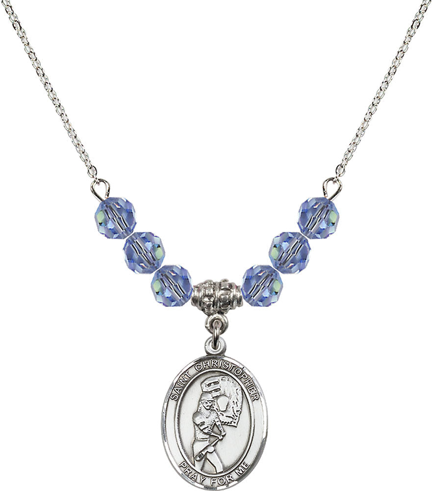 Sterling Silver Saint Christopher/Softball Birthstone Necklace with Light Sapphire Beads - 8507