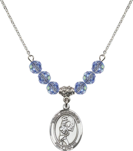 Sterling Silver Saint Christopher/Softball Birthstone Necklace with Light Sapphire Beads - 8507