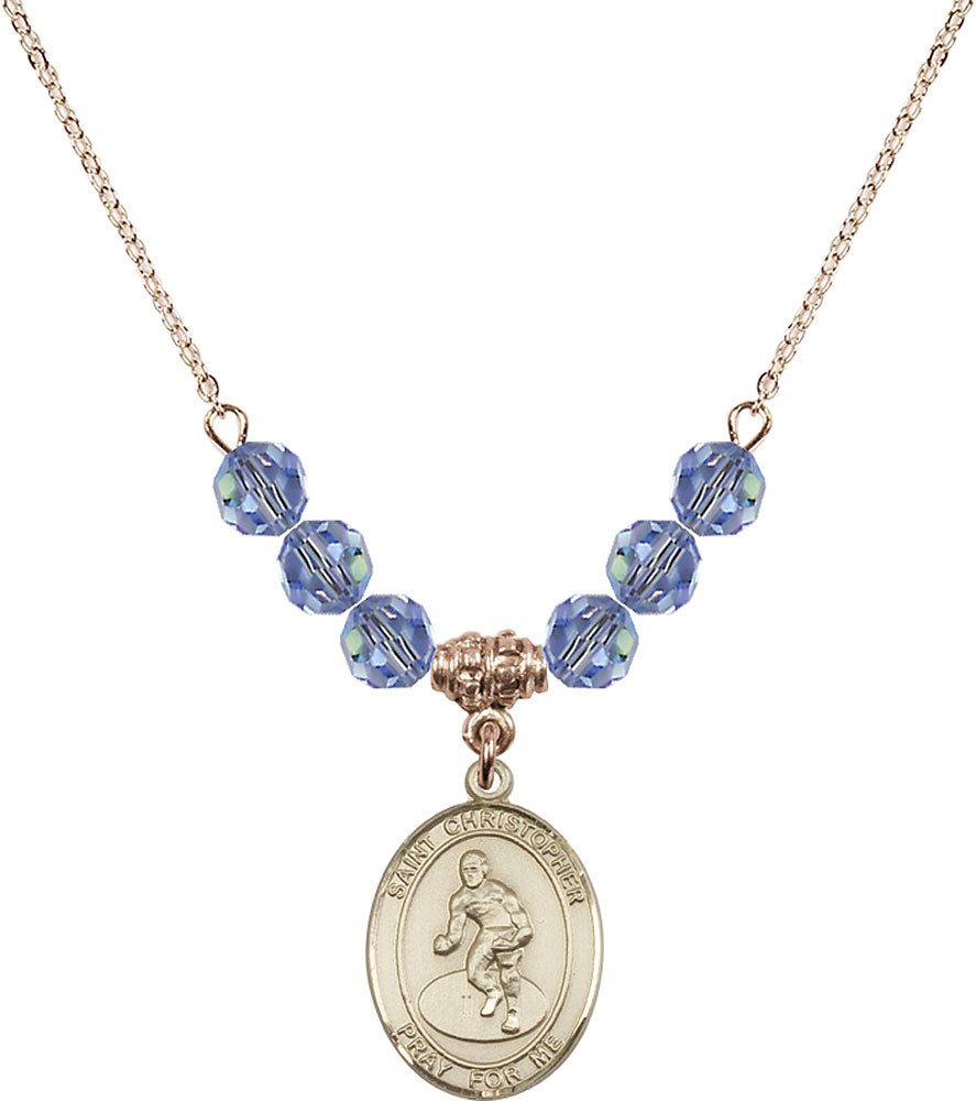 14kt Gold Filled Saint Christopher/Wrestling Birthstone Necklace with Light Sapphire Beads - 8508