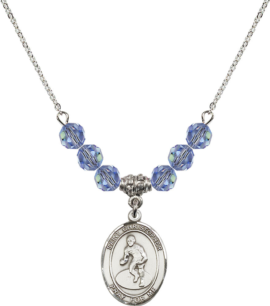 Sterling Silver Saint Christopher/Wrestling Birthstone Necklace with Light Sapphire Beads - 8508