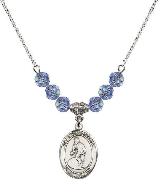 Sterling Silver Saint Christopher/Wrestling Birthstone Necklace with Light Sapphire Beads - 8508